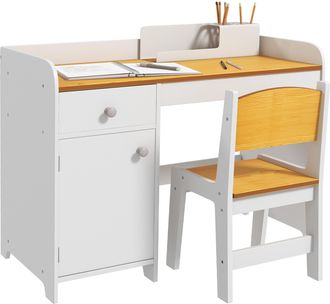 OEM Escritorio Para Ni&ntilde;os Con Silla Conjunto De Escritorio De 2 Piezas Con Caj&oacute;n Y Armario Blanco Y Natural