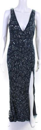 Mac Duggal Womens Blue Beaded Sequins V-Neck Zip Back Slits Gown Dress