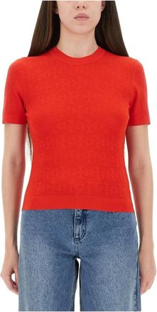 Tory Burch Gebreide top met geperforeerd design - Dames - Ronde hals truien - Rood - S - Polyester - Truien & Vesten