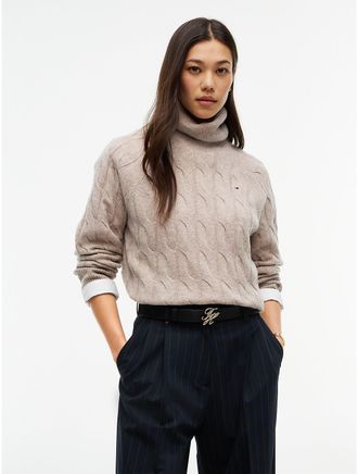 Tommy Hilfiger Womens Cable Knit Wool Turtleneck Sweater - Light Camel Heather - XL