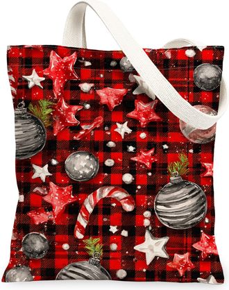 Generic Festive Plaid Canvas Tote Bags, Holiday Ornaments Pattern Reusable Grocery Bags, Lightweight Washable Shoulder Strap Canvas, Red, 13x15 Inch