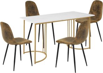 Urban Meuble Juego de mesa de comedor de m&aacute;rmol blanco con 4 sillas marrones