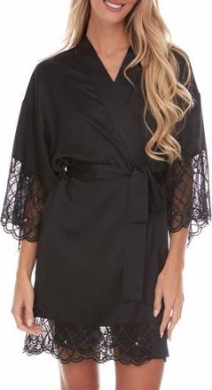 Flora Nikrooz Gabby Lace Trim Satin Chermeuse Wrap in Black at Nordstrom Rack, Size X-Small