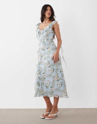 New Look Vestito midi in chiffon blu a fiori con volant