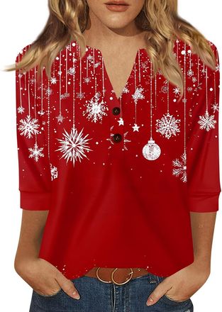Generic Christmas Jumpers for Women UK 3/4 Sleeve Xmas Tree Printed Sweatshirt Casual Crewneck Pullover Loose Christmas Blouse Tunic T Shirt Ladies Xmas Sweat