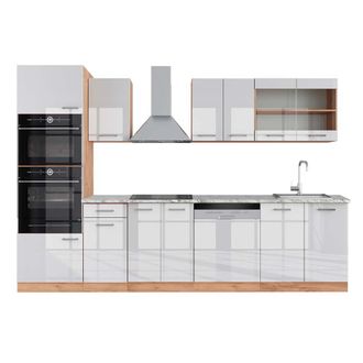 Vicco Mueble De Cocina R-line, Blanco Brillo Intenso/roble Dorado, 300 Cm Con Armario Alto, Et M&aacute;rmol