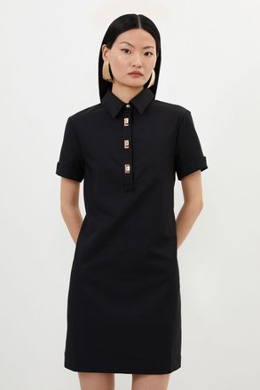 Karen Millen Womens Petite Techno Cotton Woven Short Dress With Gold Clasps - Black - Size 12 UK