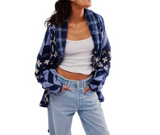 Generic Womens Cardigan Sweater Button Down Shawl Collar Oversized Sweater Y2k Print Coats Color Block Plaid Cardigans Winter (Blue,one Size)