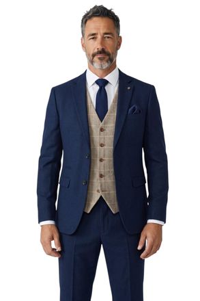 PAUL ANDREW Arthur Navy 3 Piece Wedding Formal Suit with Brown Tweed Check Waistcoat