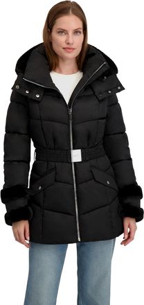 Shelli Segal Womens Stretch Quilted Puffer Coat w/Faux Fur Trim, Belt w/Buckle, Black