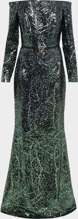 Elie Saab Off-The-Shoulder Ombre Sequined Long-Sleeve Gown