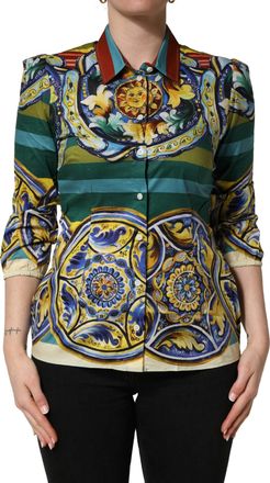 Dolce & Gabbana Womens Multicolor Majolica Print Cotton Blouse Top Elastane