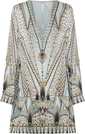 Camilla Kleedjes, Dames, Grijs, S, Zijden jurk met unieke print