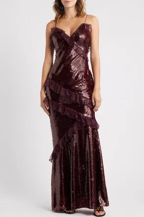 LoveShackFancy Rialto Sequin & Lace Gown in Bordeaux at Nordstrom, Size 00