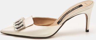 Sergio Rossi Off White Satin Crystal Embellished Mules