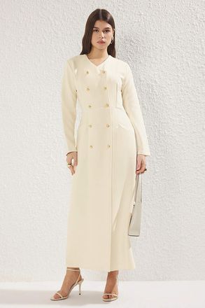 Trendyol Modest Dames Beige Effen Maxi Lang Zakelijk Double-breasted Modest Jurken