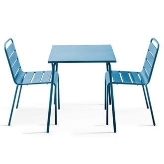 Oviala Conjunto mesa de jard&iacute;n cuadrada y 2 sillas acero azul pac&iacute;fico