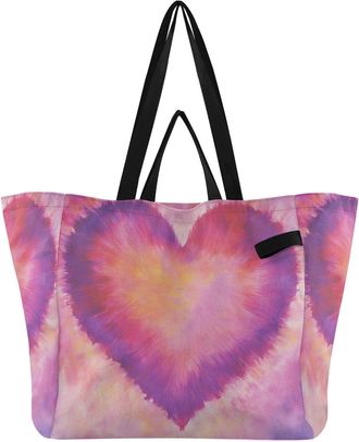 Generic Pink Tie Dye Heart print Reusable Canvas Tote Bag, Heavy Duty Grocery Shopping Bag with Large Capacity Hard Bottom Double Handles Work Groceries Trave