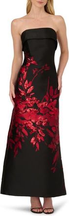 Aidan Mattox Metallic Floral Jacquard Strapless Gown in Black/Red at Nordstrom, Size 10