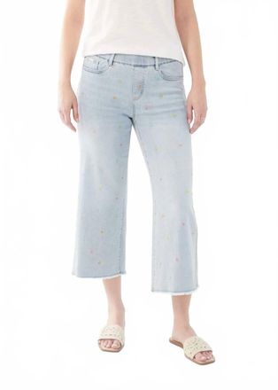 FDJ Emily Embroidered Flowers Pull-On Wide Leg Crop Jeans In Sky Blue