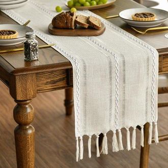 No Brand Camino De Mesa, Estilo Bohemio, Color Crema, Estilo R&uacute;stico, Con Borlas, Lavable, Ideal Para Fiestas Y Decoraci&oacute;n De Bodas, 7 Metros De Largo, 33 X 33