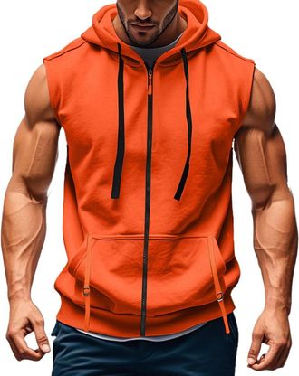 Generic Mens Sleeveless Hoodie Zip Up Sweatshirt Tank Top Hooded, Drawstring Stretch Basketball Vest Breathable Sports Pullover With Front Pocket Summer Sweat