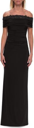 La Femme Off the Shoulder Lace Trim Evening Gown in Black at Nordstrom, Size 10