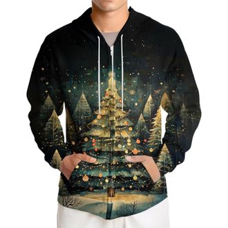 Generic Unisex Christmas 3D Printed Full Zip Up Hoodies, Xmas Novelty Tree Graphic Hooded Sweatshirt with Pocket Winter Casual Stylish Jacket for Men and Wome