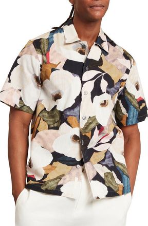 Ted Baker Langdon Floral Short Sleeve Cotton Buttion-Up Shirt in Black And Cream at Nordstrom, Size 3