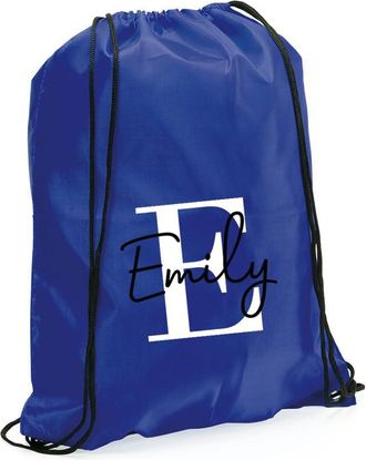 eBuy GB Personalised Drawstring Bag with Initial & Name, Monogrammed Kids Backpack, Gym Rucksack, School Sport Bag, Childrens PE Kit (Blue)