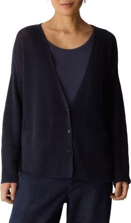 Eileen Fisher Open Stitch Organic Cotton Blend V-Neck Cardigan in Ink at Nordstrom, Size Xx-Small