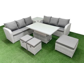 Fimous Outdoor Garden Furniture Sets 9 Seater Wicker Rattan Furniture Sofa Sets w/ Adjustable Lifting Dining or Coffee Table high Back Lounge Sofa 3