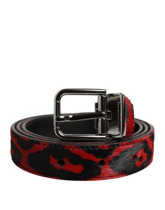 Dolce & Gabbana Mens Black Red Leopard Silver Metal Buckle Belt And Calfskin Hairy Leather