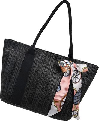 Frcolor Large Capacity Weaving Handbag for Women Black Casual Tote Bag Lightweight Shoulder Pouch with Creative Ribbon Design Suitable for Travel Shopping and