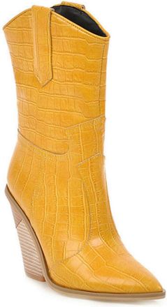 Generic Womens Mid-Calf Western Cowboy Boots Boots with Wedge Heel & Pointed Toe, Slip-on,Yellow,6.5 UK