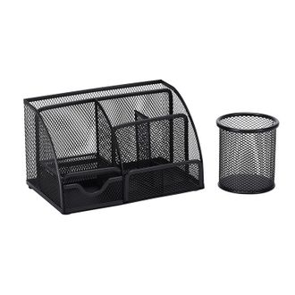 OEM Organizador De Escritorio Y Soporte Para Port&aacute;til Con Cajones Y 6 Compartimentos De Malla Met&aacute;lica Negra. Permite Guardar Bol&iacute;grafos, Notas Adhesivas,