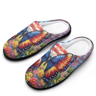 Generic U.S Flag Butterfly Flower Womens Slippers Warm House Slippers Indoor House Shoes with Anti-Skid Rubber Sole