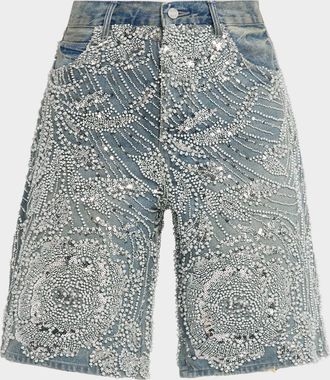 Purple Men & apos;s P070 Hand-Beaded & Crystal-Embellished Denim Shorts