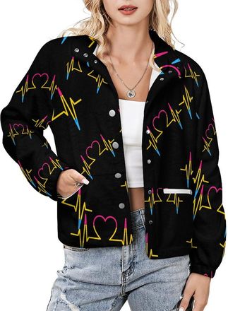 Generic Pansexual Flag Heartbeat Womens Jacket Outdoor Hiking Stand Collar Plush Sweatshirt Golf Coat Casual Windbreaker Top