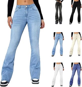Generic Jeans for Women UK High Waist Wide Leg Jeans Tummy Control Pull On Straight Leg Denim Pants Baggy Bootcut Stretch Flared Trouser with Pocket Ladies Ca