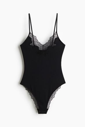 H&M Baumwollbody mit Spitzenborte - Schwarz
