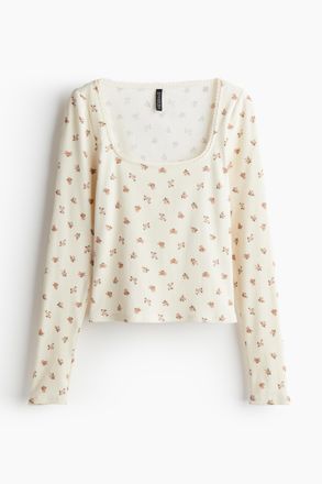 H&M Baumwolltop mit Picot-Besatz - Hellbeige/Gebl&uuml;mt
