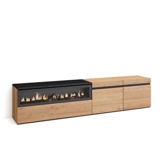 Skraut Home Mueble tv efecto madera roble y negro 200x35x45 chimenea efecto fuego