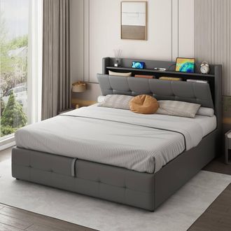 Merax Grey PU Leather Upholstered Ottoman Bed with LED & Storage Headboard | Size: Double