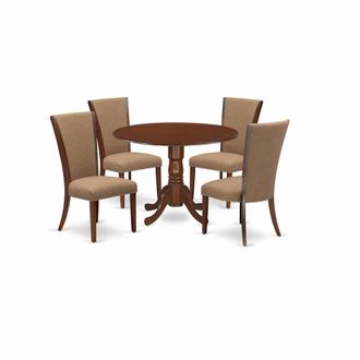 East West Furniture A dining room table set of 4 fantastic kitchen chairs with Linen Fabric Light Sable color and a stunning mid-century dining table