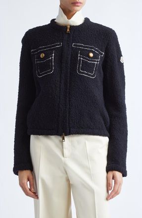 Moncler Trompe lOeil Bouclé Knit & Down Cardigan in Navy Blue at Nordstrom, Size X-Large