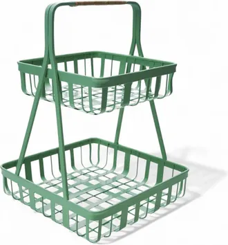 Creative Co-op 2-Tier Metal Tray With Rattan Wrapped Handle In Mint Green