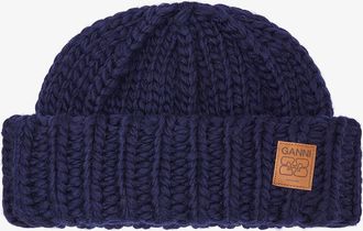 Ganni Navy Dark Blue Wool Handknit Beanie