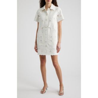 Elie Tahari The Marianna Embroidered Cotton Shirtdress in Green /Sky White at Nordstrom, Size X-Small