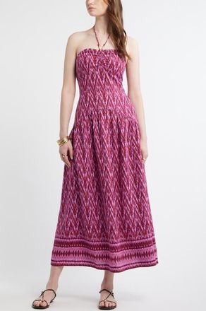 Treasure & Bond Halter Neck Drop Waist Linen Blend Maxi Dress in Pink- Burgundy Diamond Ikat at Nordstrom, Size Xx-Small